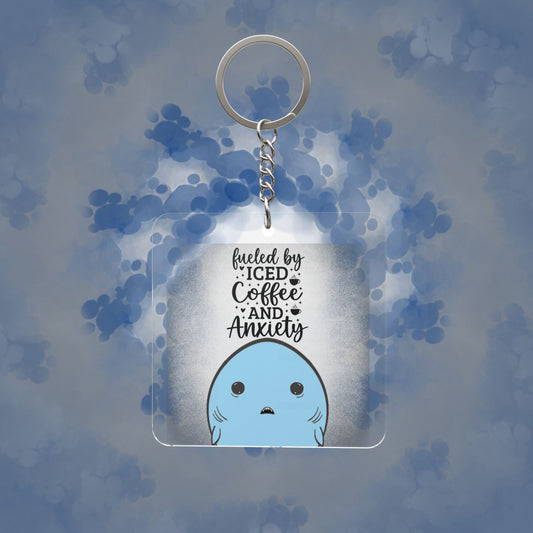 'Fueled by Iced Coffee and Anxiety' Cute Blue Shark Keyring Printify