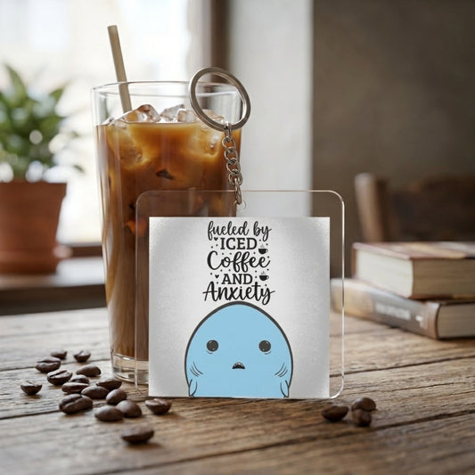 'Fueled by Iced Coffee and Anxiety' Cute Blue Shark Keyring Printify