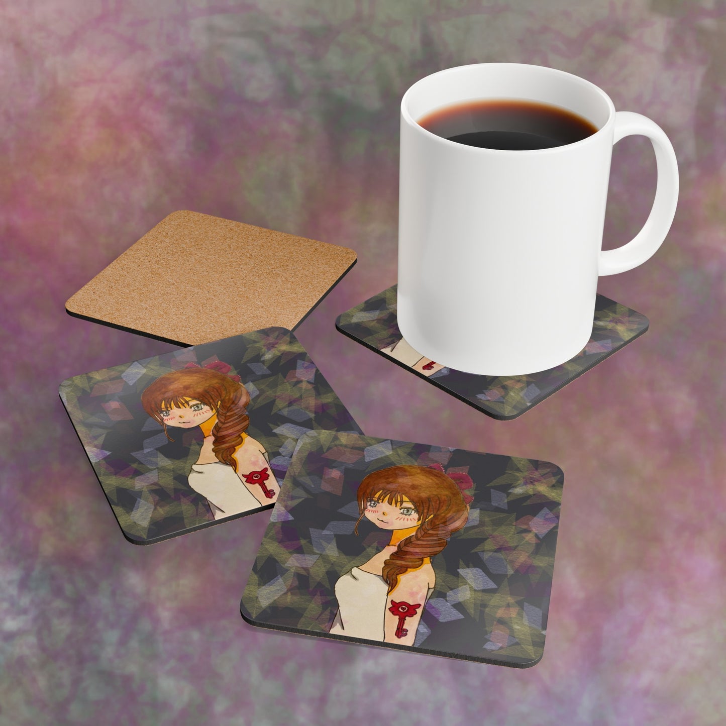 Traditional Hand-Drawn Corkwood Coaster Set - Anime, Drawing, Artwork